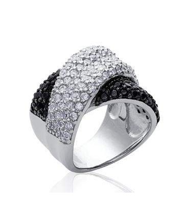 Grosse bague joaillerie argent massif zirconium blancs et noirs-1