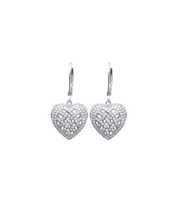 Boucles d'oreilles dormeuse pendant coeur argent massif zirconium blanc-2