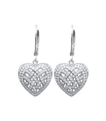 Boucles d'oreilles dormeuse pendant coeur argent massif zirconium blanc-2