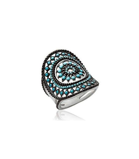 Grosse bague plate argent massif rehaussée de zirconium noir en rosace-1