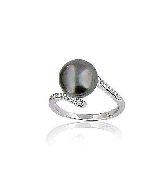 Bague belle perle de TAHITI véritable au centre argent massif et zirconium -1