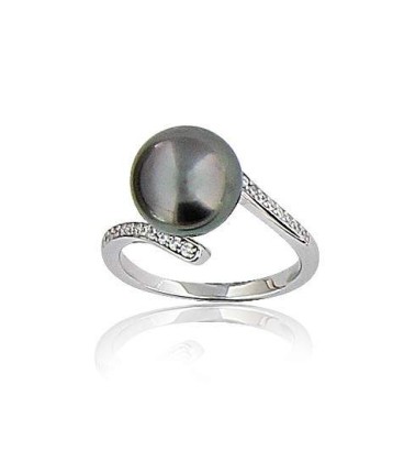 Bague belle perle de TAHITI véritable au centre argent massif et zirconium -1