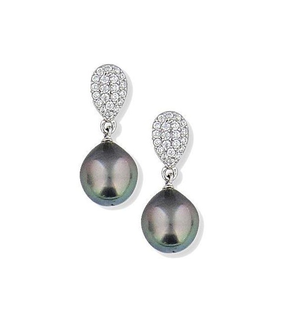 Boucles d'oreilles argent massif zirconium micro serti pendant une belle perle de TAHITI véritable -1