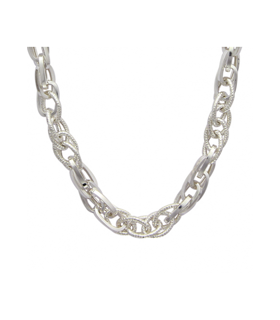 Gros collier argent brillant double mailles entrelacées martelées-1