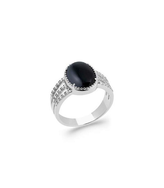 Belle bague argent massif de zirconium agate noire griffée-1